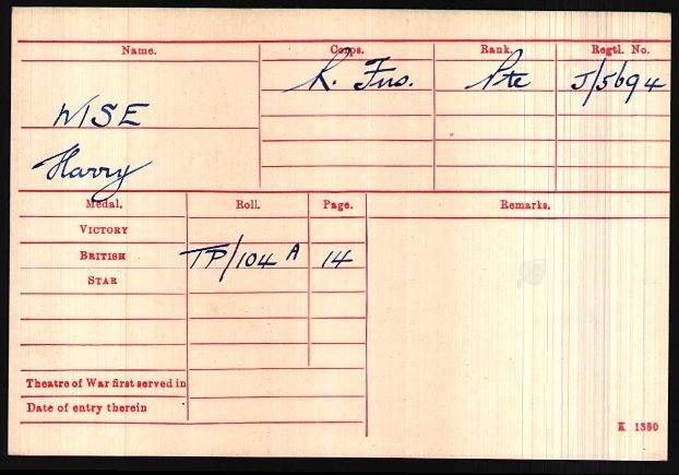 WW1 Medal Roll Index Card