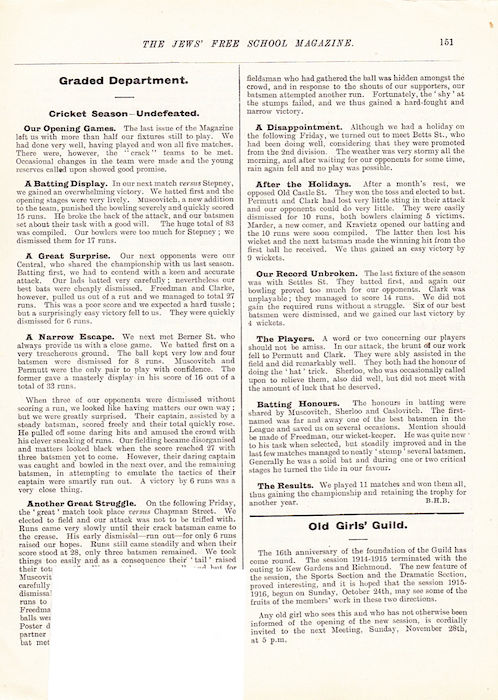 The Jews Free School Magazine, December 1915. Vol 2 Nº18. Reproduced by kind permission of the Trustees of JFS,  © 2017