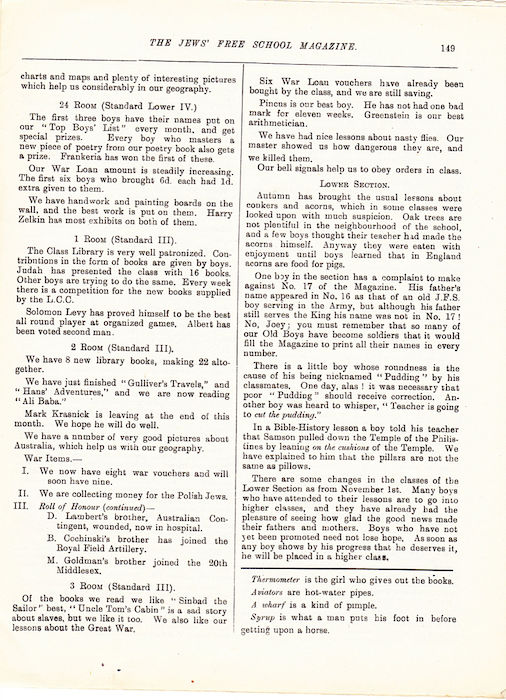 The Jews Free School Magazine, December 1915. Vol 2 Nº18. Reproduced by kind permission of the Trustees of JFS,  © 2017