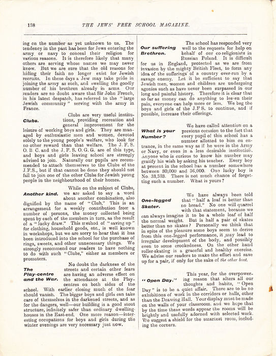 The Jews Free School Magazine, December 1915. Vol 2 Nº18. Reproduced by kind permission of the Trustees of JFS,  © 2017