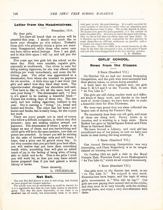 The Jews Free School Magazine, December 1915. Vol 2 Nº18. Reproduced by kind permission of the Trustees of JFS,  © 2017
