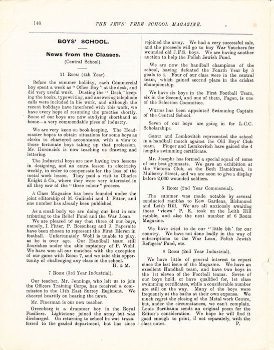 The Jews Free School Magazine, December 1915. Vol 2 Nº18. Reproduced by kind permission of the Trustees of JFS,  © 2017