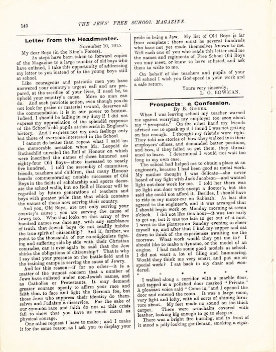 The Jews Free School Magazine, December 1915. Vol 2 Nº18. Reproduced by kind permission of the Trustees of JFS,  © 2017