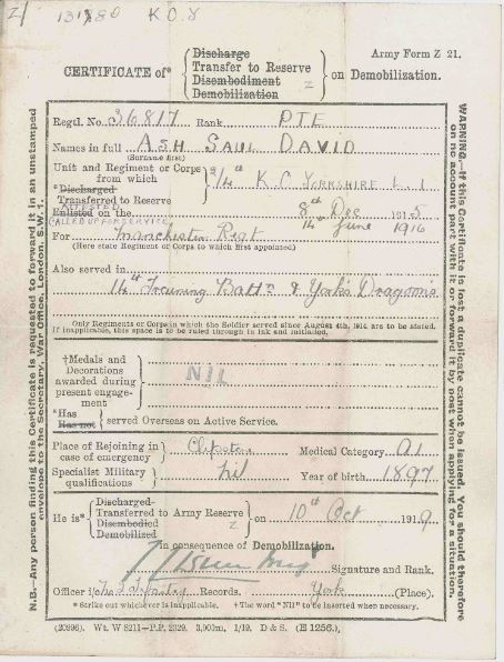 Army transfer papers of Saul David Ash (Manchester Jewish Museum)