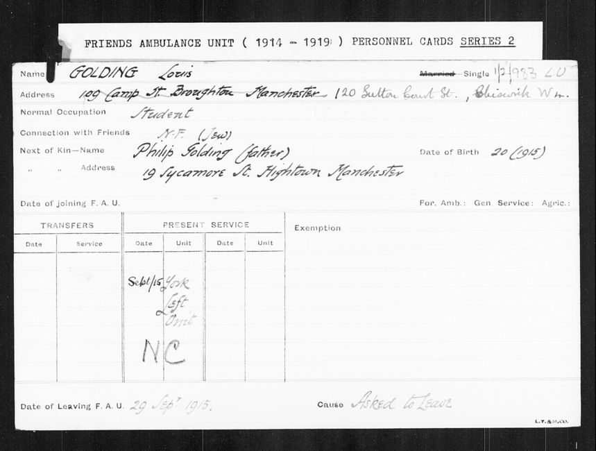 Friends Ambulance Unit Personnel Card