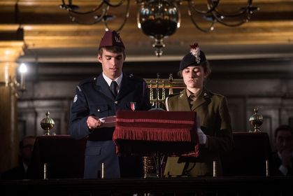 two young people reading the names of the young men who died on the 1st day of the Somme. Daniel Gold, JLGB and Cdt Lance Corporal Ruby-Rose Mansoor Credit: Blake Ezra