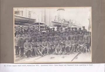 No. 5 Base Supply Depot staff, Marseilles 1915. Lt BMC Tyler squatting in front.