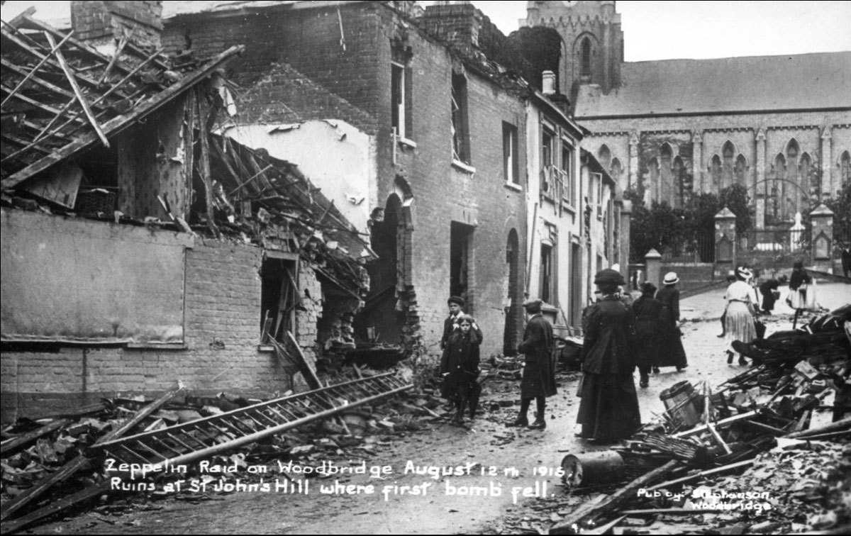 Zeppelin raid on Woodbridge. August 12th 1915. Ruins at St Johns Hill. Courtesy of St Edmundsbury Local History