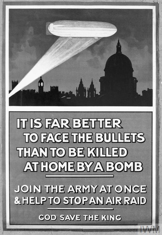 A First World War recruiting poster which used the menace of the Zeppelin to encourage men to enlist. 1915. © IWM (Q 80366)