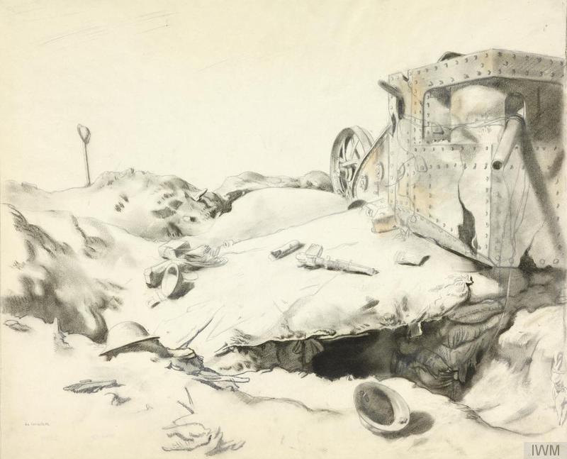 The remains of a destroyed British male tank. Orpen, William. 1917 © IWM (Art.IWM ART 2389)