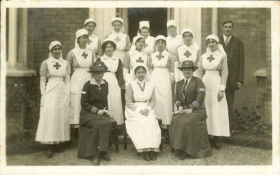Staff at The Knowle VAD hospital Balcombe, Maud Messel is seated left