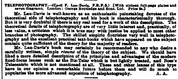 Review of his Telephotography Book - 11/11/1912