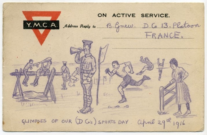Illustrated postcard sent home by Barney Griew in 1916