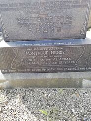 Memorial to Montague on his mother and father's headstone in Crumpsall Jewish Cemetery