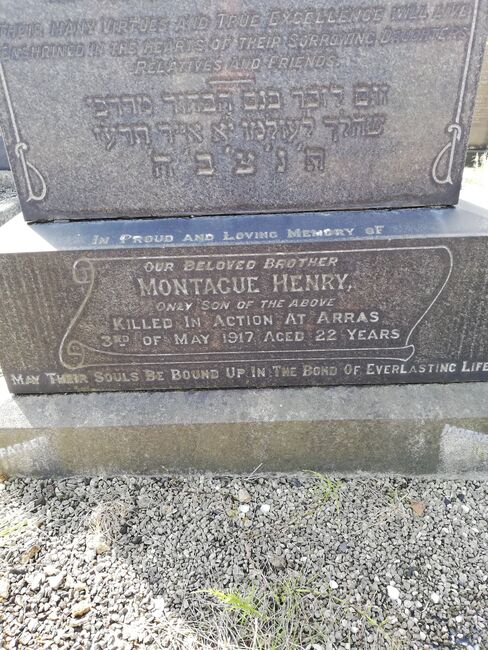 Memorial to Montague on his mother and father's headstone in Crumpsall Jewish Cemetery