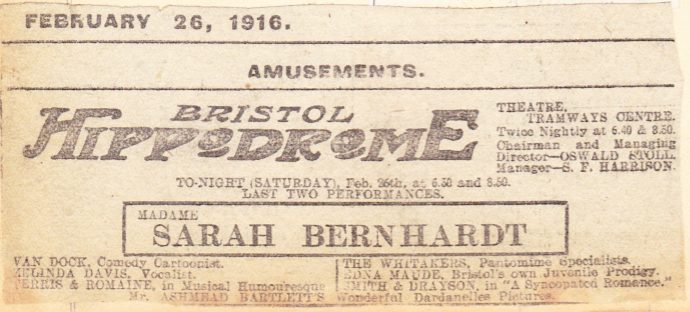 1916.02.26 Bristol Hippodrome Ad with Sarah Bernhardt