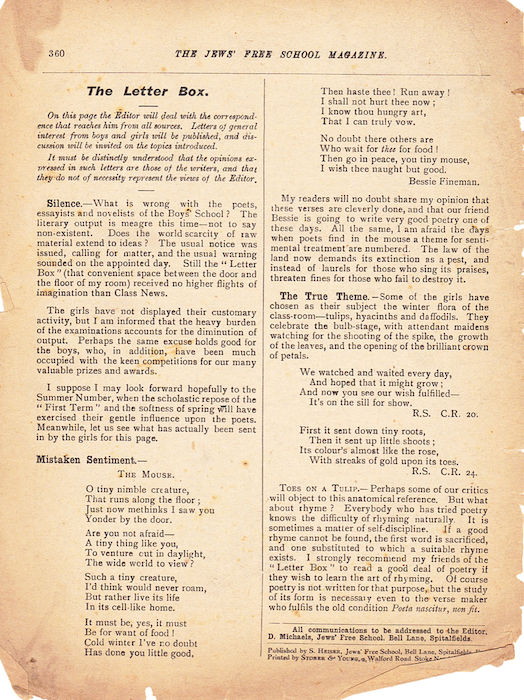 The Jews Free School Magazine, March 1920. Vol 4 Nº 31.	Reproduced by kind permission of the Trustees of JFS,  © 2017