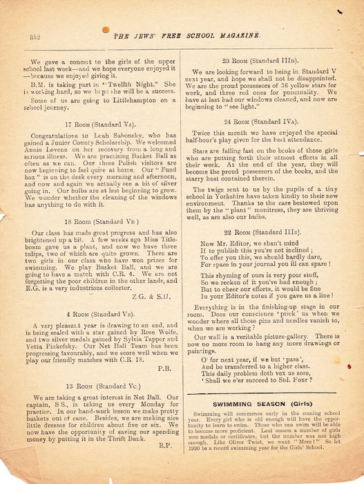 The Jews Free School Magazine, March 1920. Vol 4 Nº 31.	Reproduced by kind permission of the Trustees of JFS,  © 2017