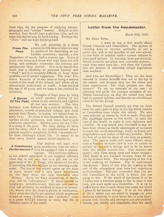 The Jews Free School Magazine, March 1920. Vol 4 Nº 31.	Reproduced by kind permission of the Trustees of JFS,  © 2017