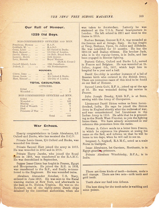 The Jews Free School Magazine, March 1920. Vol 4 Nº 31.	Reproduced by kind permission of the Trustees of JFS,  © 2017