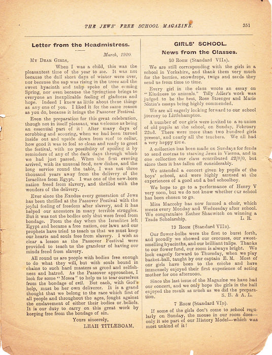 The Jews Free School Magazine, March 1920. Vol 4 Nº 31.	Reproduced by kind permission of the Trustees of JFS,  © 2017