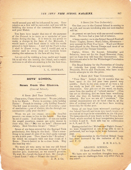 The Jews Free School Magazine, March 1920. Vol 4 Nº 31.	Reproduced by kind permission of the Trustees of JFS,  © 2017