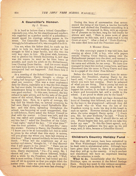 The Jews Free School Magazine, March 1920. Vol 4 Nº 31.	Reproduced by kind permission of the Trustees of JFS,  © 2017