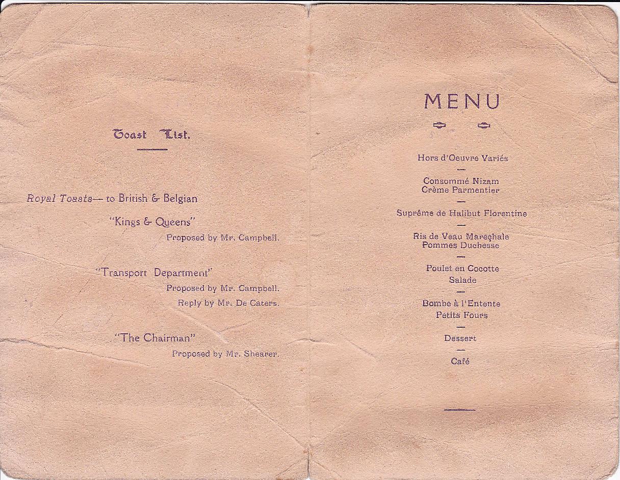 War Refugee Committee. Belgian Refugees Transport Dinner (menu).