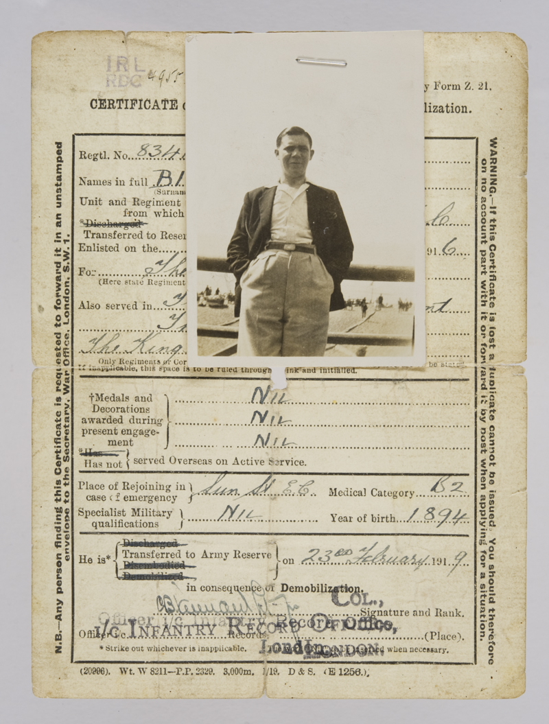 Certificate of Transfer to Reserve on Demobilisation of Pte Harry Biglizion. ©Jewish Museum London/Jewish Military Museum