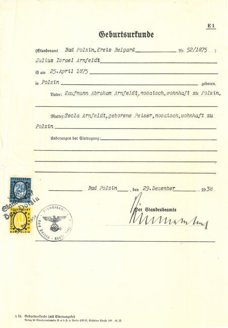 Birth certificate of Julius Arnfeld