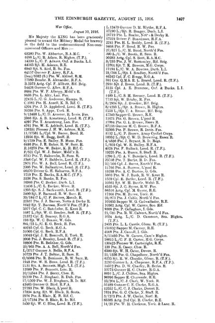 Edinburgh Gazette - List of those awarded Military Medal, August 1916 