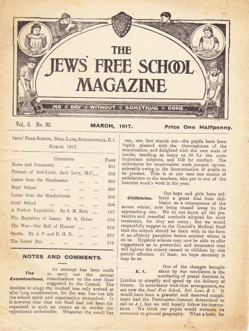 Cover. The Jews Free School, March 1917. Vol 3 Nº 22. Reproduced by kind permission of the Trustees of JFS,  © 2017