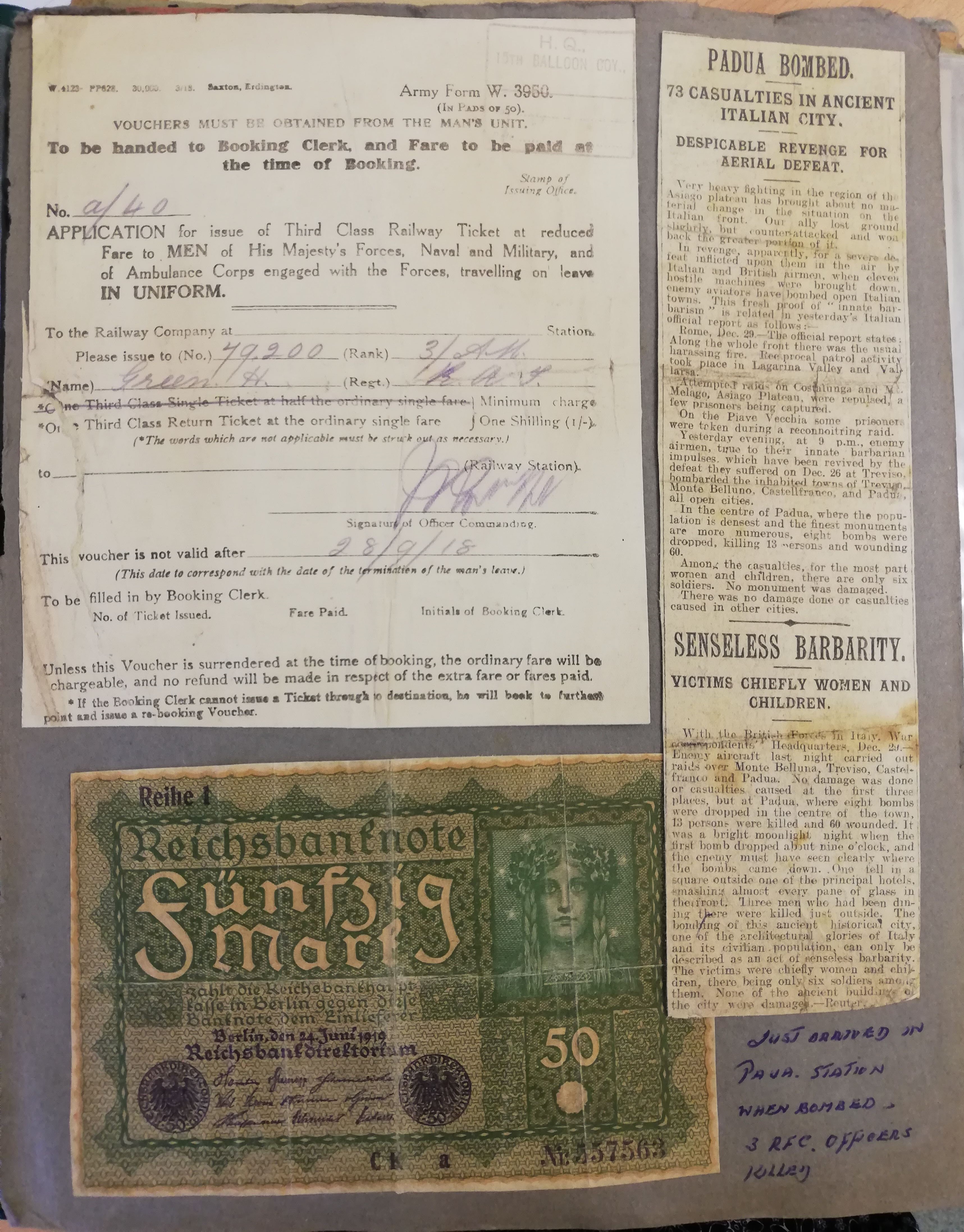 Application for rail travel at reduced fair for servicemen, newspaper article about air raids in Italy just after Harry arrived, and a German banknote produced in 1919 