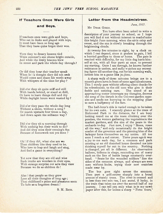 The Jews Free School Magazine, July 1917. Vol 3 Nº 23. Reproduced by kind permission of the Trustees of JFS,  © 2017