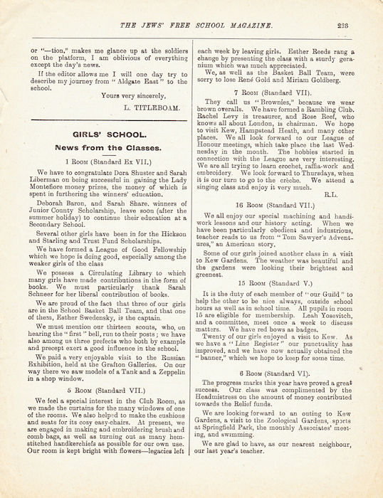 The Jews Free School Magazine, July 1917. Vol 3 Nº 23. Reproduced by kind permission of the Trustees of JFS,  © 2017