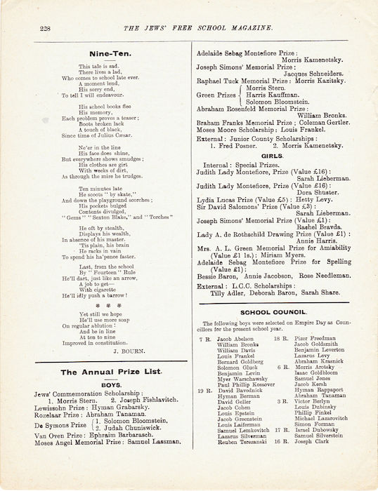 The Jews Free School Magazine, July 1917. Vol 3 Nº 23. Reproduced by kind permission of the Trustees of JFS,  © 2017
