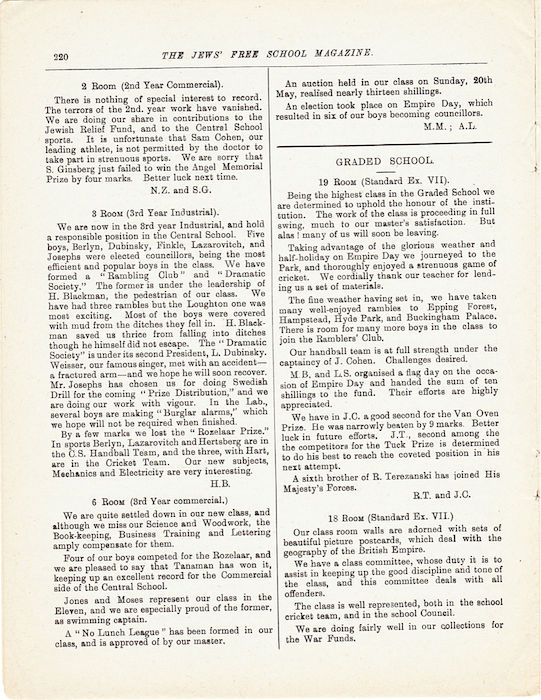 The Jews Free School Magazine, July 1917. Vol 3 Nº 23. Reproduced by kind permission of the Trustees of JFS,  © 2017