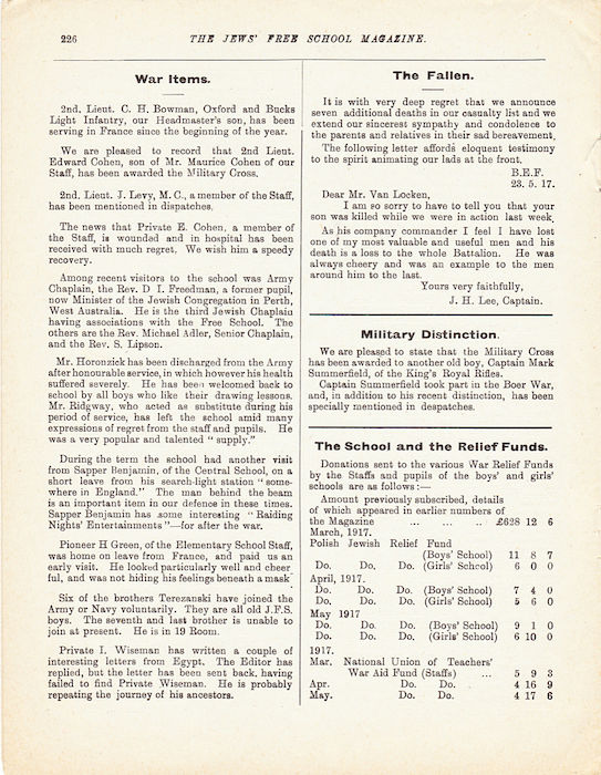 The Jews Free School Magazine, July 1917. Vol 3 Nº 23. Reproduced by kind permission of the Trustees of JFS,  © 2017