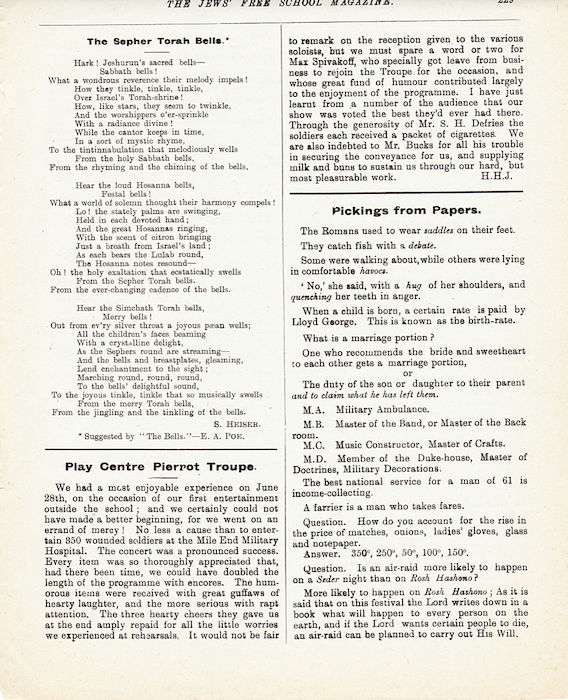 The Jews Free School Magazine, July 1917. Vol 3 Nº 23. Reproduced by kind permission of the Trustees of JFS,  © 2017