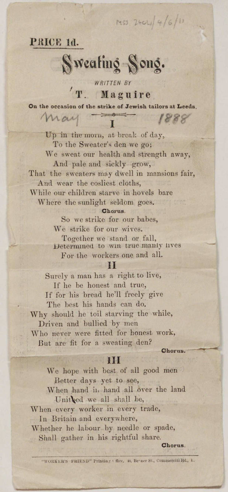 The Sweating Song. May 1888. Courtesy of Warwick University