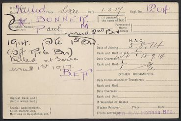 HAC World War One record card