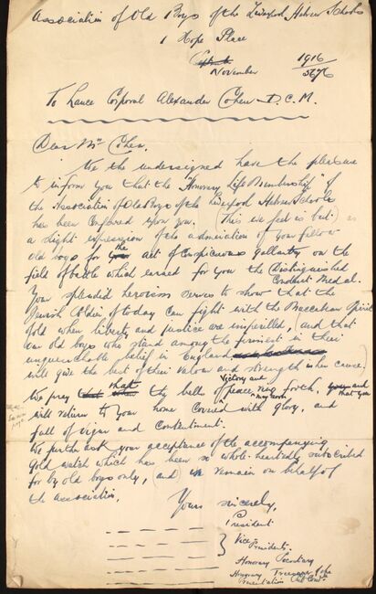 Letter to Alexander congratulating him for his gallantry in war, from the Association of Old Boys of the Liverpool Hebrew Schools