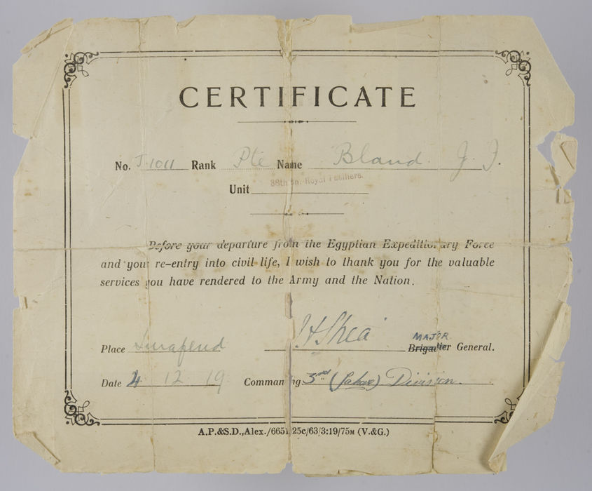 Jack Bland certificate of thanks. ©Jewish Museum London/Jewish Military Museum
