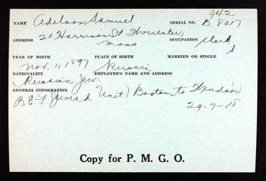 Samuel Adelson B.E.F Enlistment Card