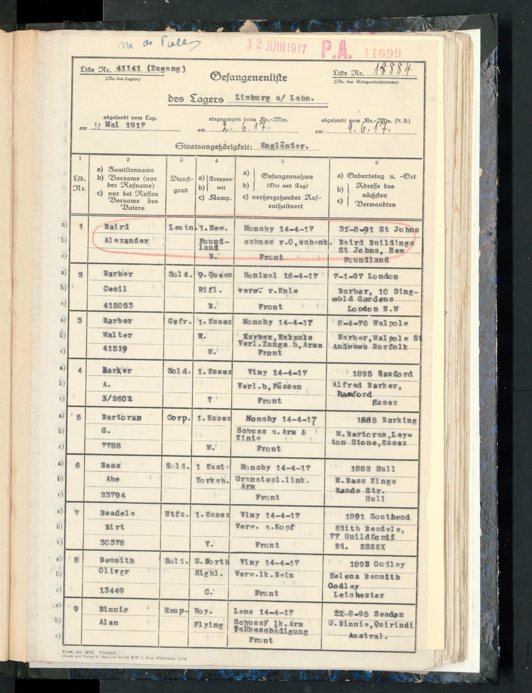 Prisoner of War records of Abraham Bass, ICRC Archives