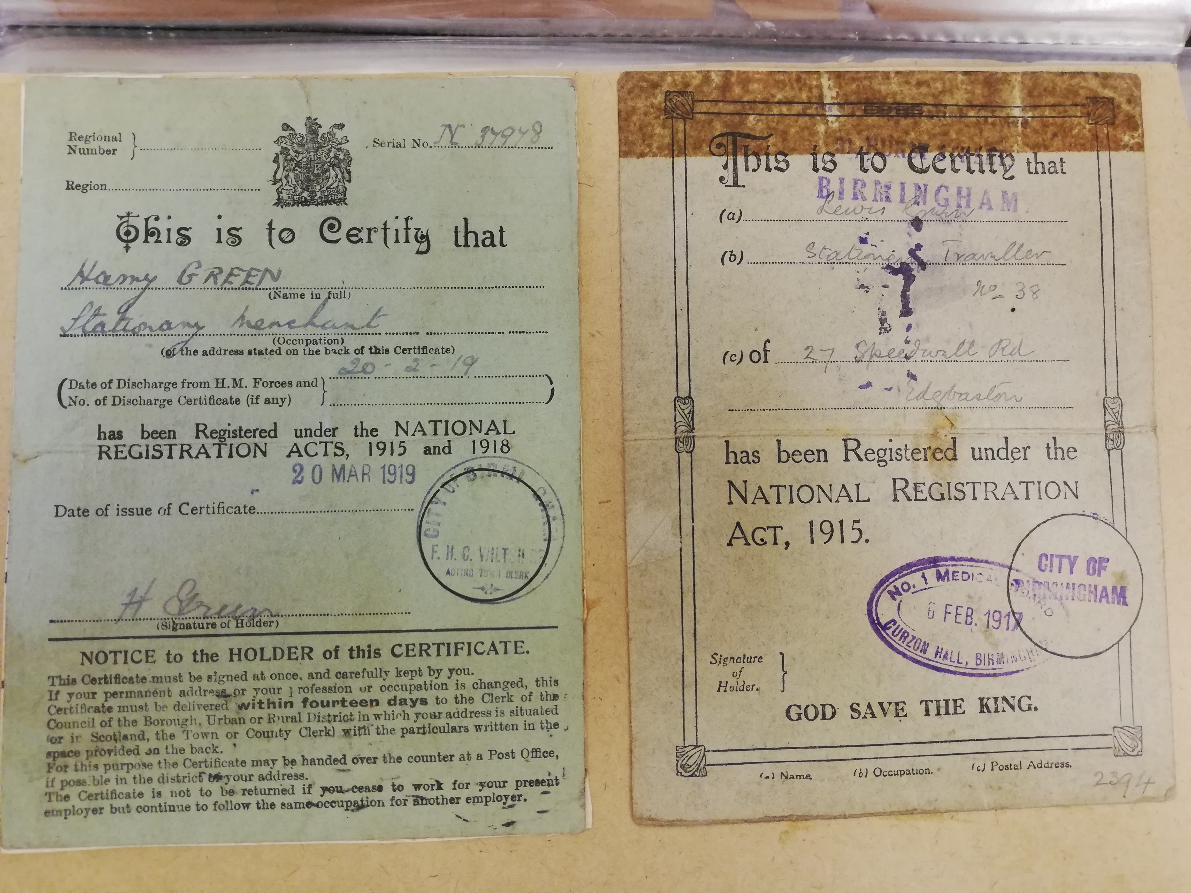 Registration Certificates for Harry and his brother Lewis 
