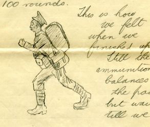 Illustrated letter, Rifleman Barney Griew, 6th March 1915 This self portrait was drawn during training in Fovant, Wiltshire in 1915. It can be viewed in table III as part of Changing the Landscape contemporary art exhibition. Imag