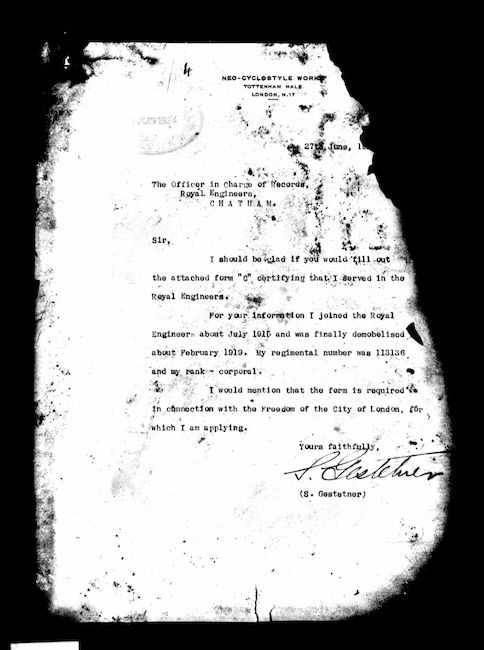 Letter from Sigmund requesting proof that he served with the Royal Engineers