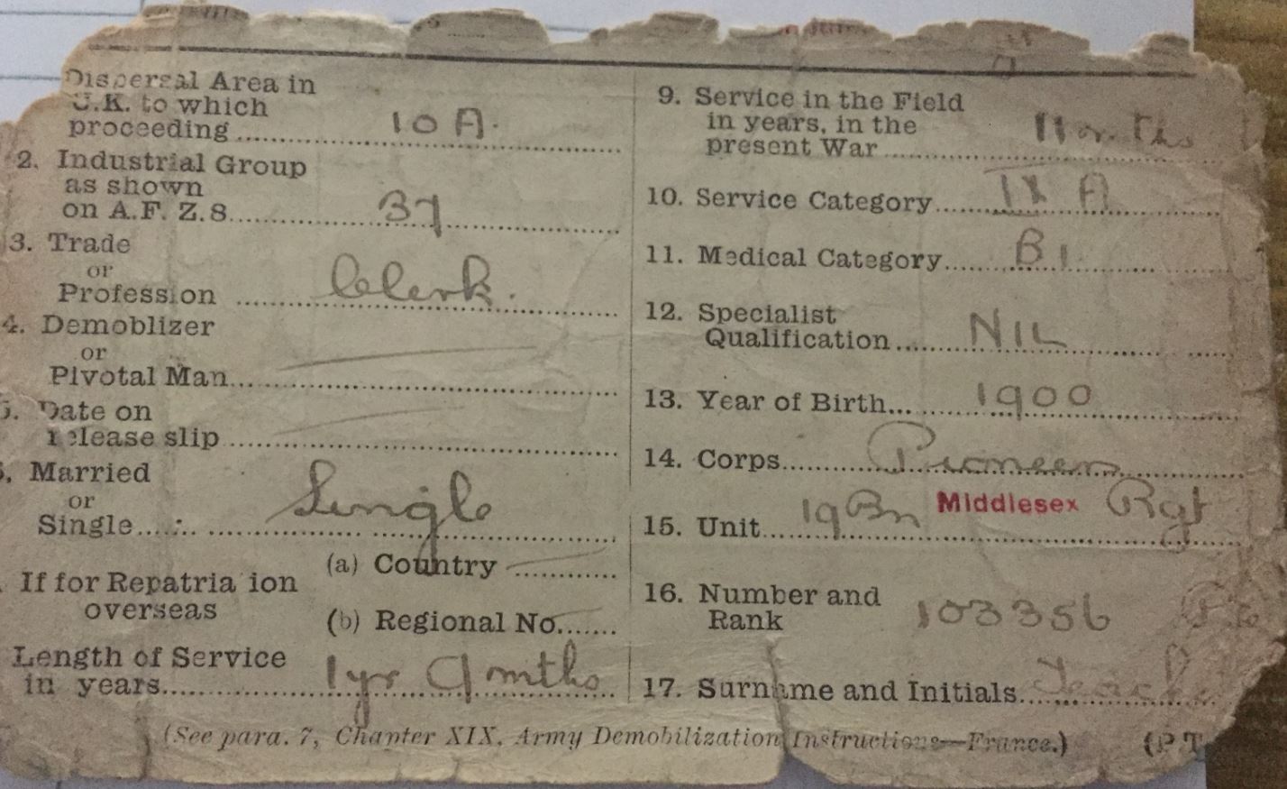 Albert Teacher's demobilisation card, showing his date of birth as 1900