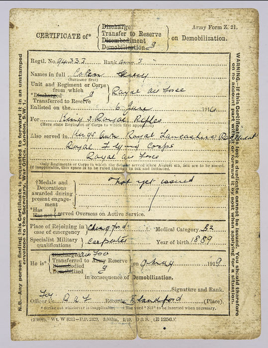 Certificate of transfer to reserve for Henry Cohen on his demobilization from the RAF on 9 May 1919. ©Jewish Museum London/Jewish Military Museum